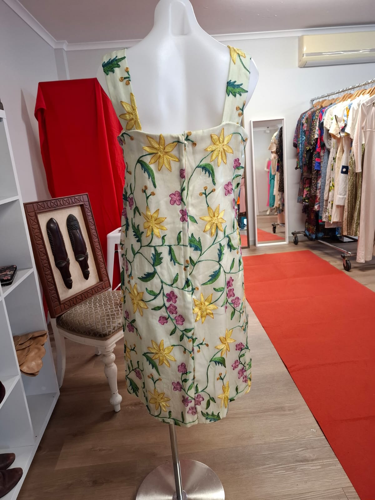 80's Meticulous Embroidery design. Square neck. Delicate fabrics like pineapple and abaca was used. Non-stretch. Zipper back. Mini dress. Sando strap.