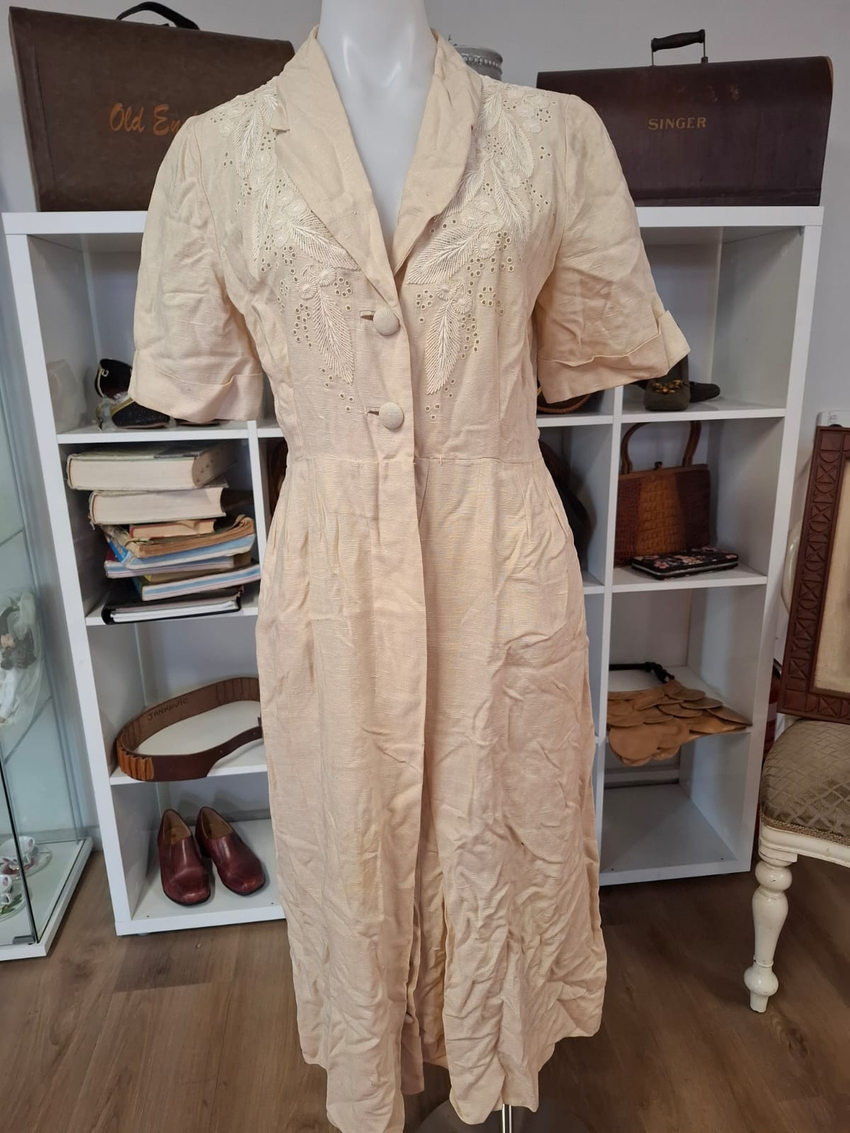 Elegant Embroidered V-Neck Dress | Button-Down Collar, Short Sleeves & Below the Knee Length | Non-Stretch, Stylish Women's Dress