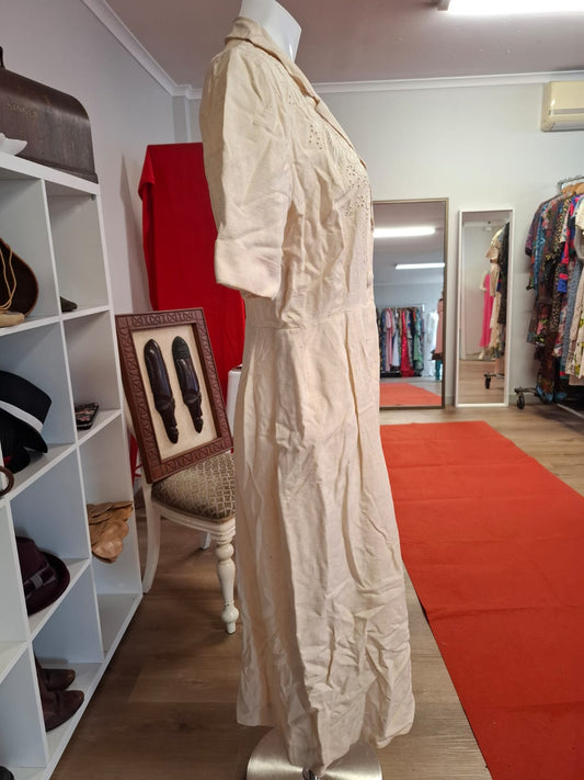 Elegant Embroidered V-Neck Dress | Button-Down Collar, Short Sleeves & Below the Knee Length | Non-Stretch, Stylish Women's Dress