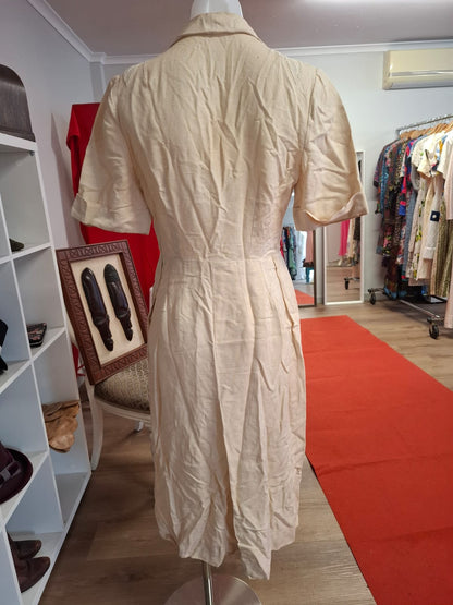 Elegant Embroidered V-Neck Dress | Button-Down Collar, Short Sleeves & Below the Knee Length | Non-Stretch, Stylish Women's Dress