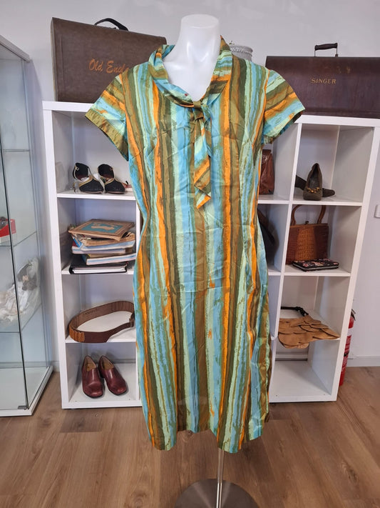 Retro Stripe Tie-Neck Shift Dress