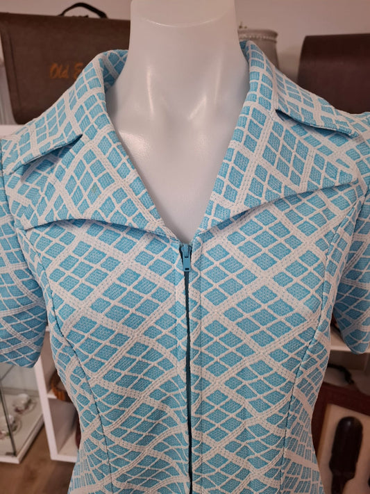 Retro Aqua Diamond Zip-Front Dress