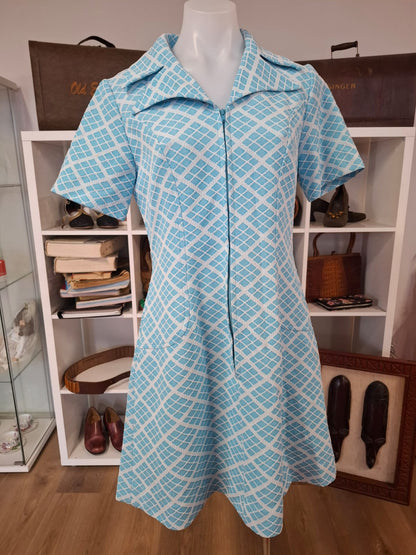 Retro Aqua Diamond Zip-Front Dress
