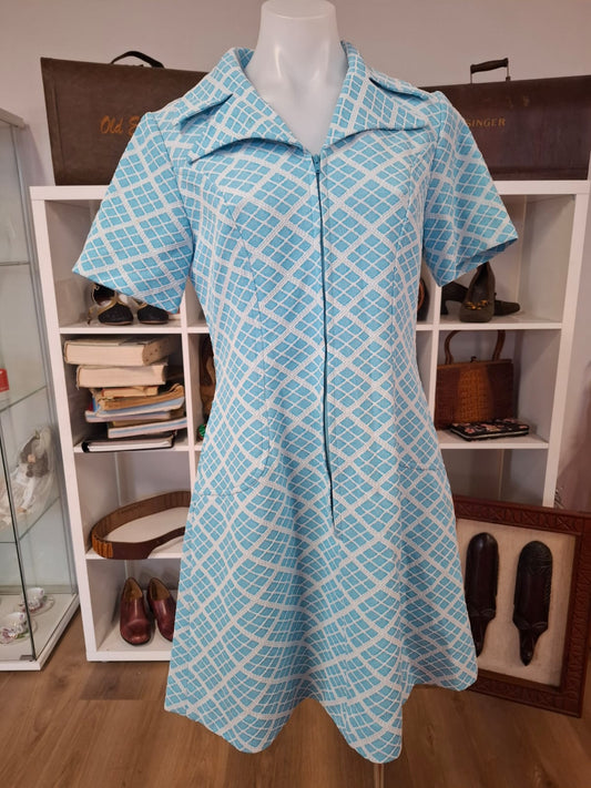 Retro Aqua Diamond Zip-Front Dress
