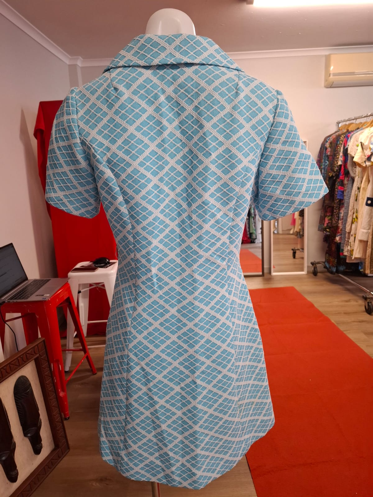 Retro Aqua Diamond Zip-Front Dress