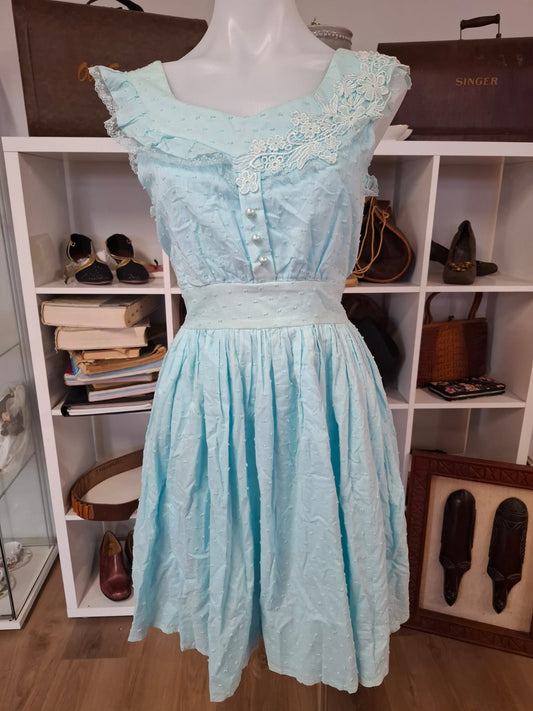 Dainty Aqua Swiss Dot Dress with Lace