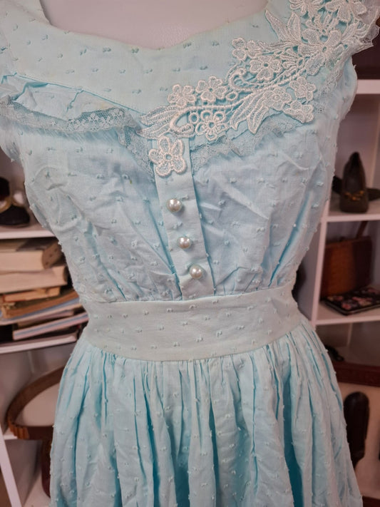 Dainty Aqua Swiss Dot Dress with Lace