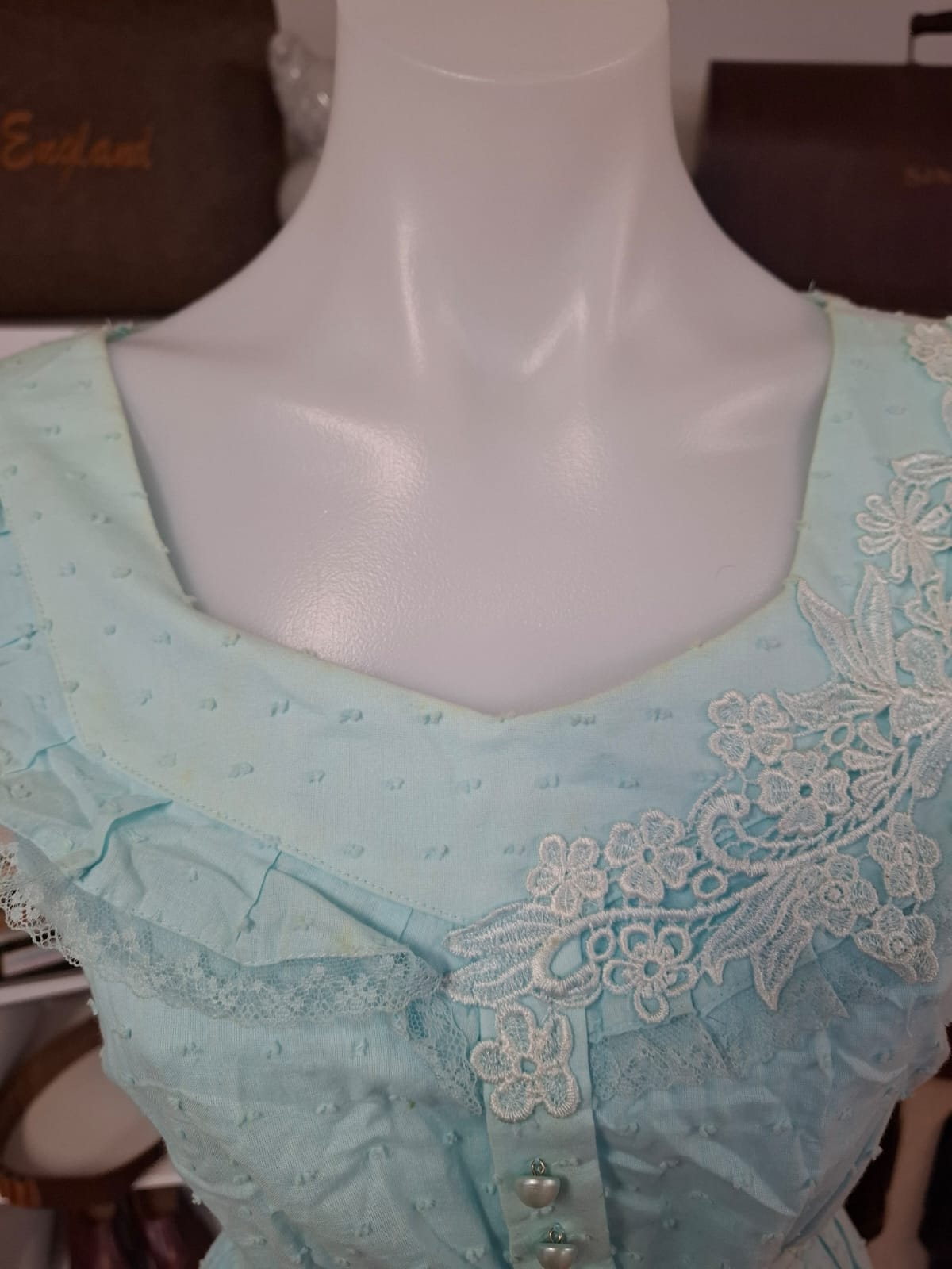 Dainty Aqua Swiss Dot Dress with Lace